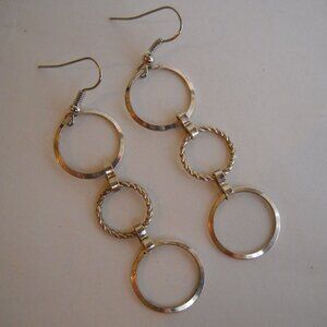 3 Ring Hoop Earrings Silvertone Metal Rope Chain Handcrafted Pierced Dangle OOAK